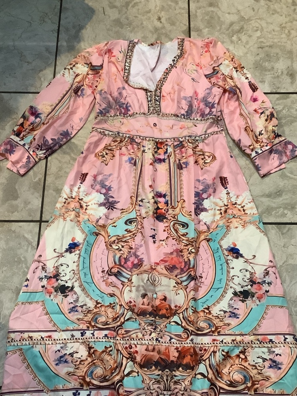 Soft Pink Floral Maxi Dress with Turquoise Accents